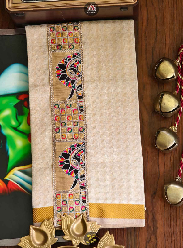 Tissue Golden Jacquard Kasavu Elephant Embroidery Designer Premium Single Dhoti[SINGLE000147]