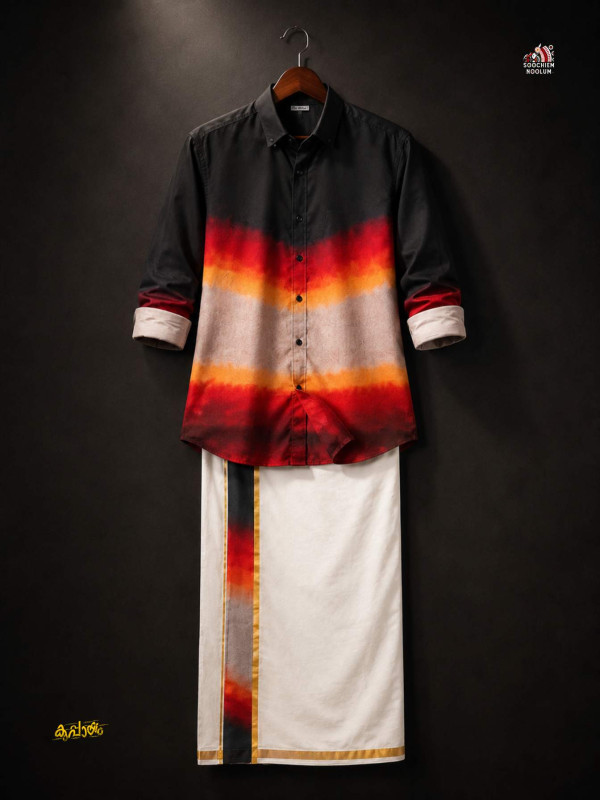 PREMIUM DESIGNER SHIRT -  DOUBLE GOLDEN COTTON KASAVU DHOTI COMBO