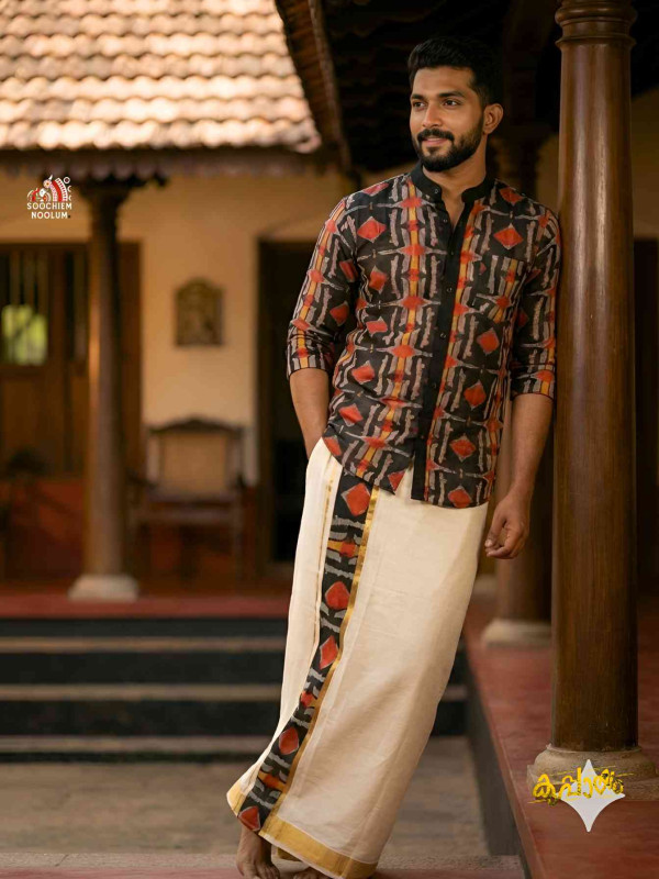 Designer Premium Shirt+ Double kasavu Dhoti Combo[COMBO000281]