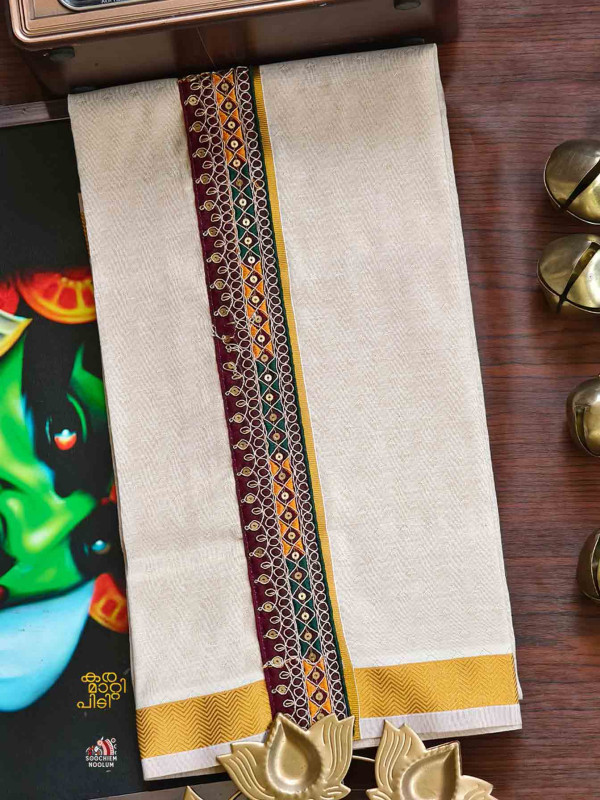Tissue Golden Jacquard Kasavu Colour Full Embroidery Designer Premium Single Dhoti[SINGLE000100]