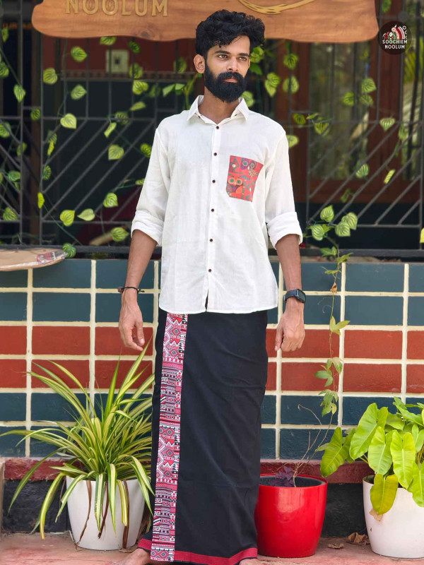 White Designer Pocket Patch Shirt +Single Cotton Dhoti Combo[COMBO000102]