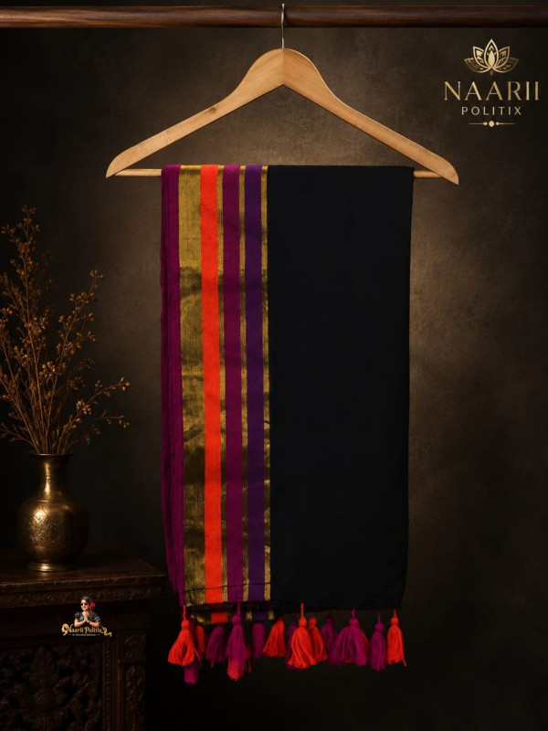 MUL COTTON SAREE -  RICH BLACK & MAGENTA PINK, VIBRANT ORANGE & DEEP PURPLE WITH ANTIQUE GOLD ZARI BORDER