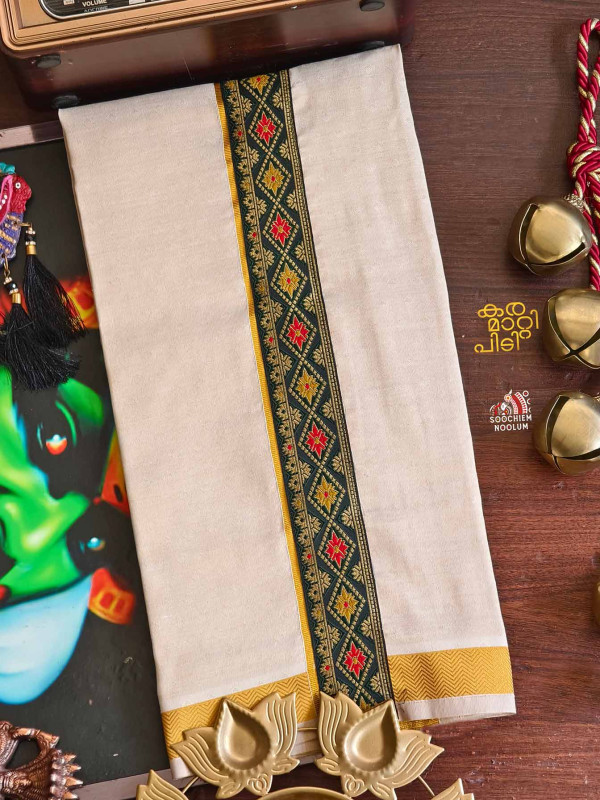 Tissue Golden Kasavu Colour Full Embroidery Designer Premium Single Dhoti[SINGLE00083]
