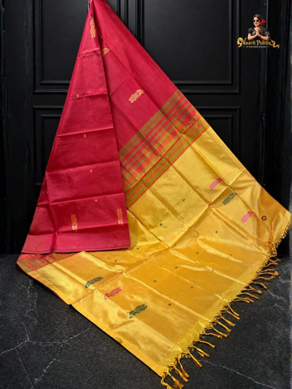 Vegan Silk Saree - Rani Pink with Mustard Yellow[SAREE0000245]