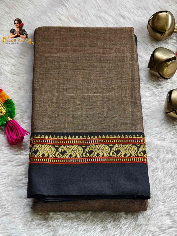 Elephant Border Narayanpet Pure Cotton Saree Grey[SAREE000032]