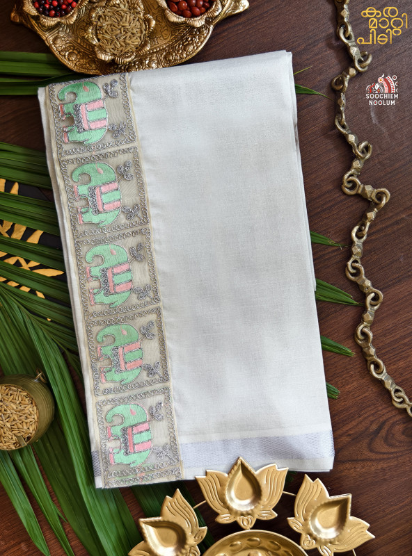 Tissue Silver Kasavu Elephant Designer Premium Single Dhoti[SINGLE00010]