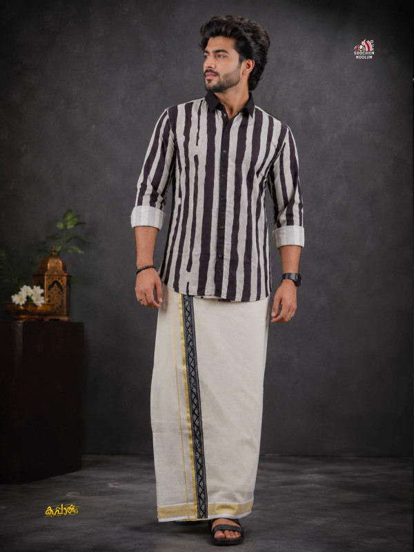 PREMIUM DESIGNER SHIRT -  DOUBLE GOLDEN COTTON KASAVU DHOTI COMBO