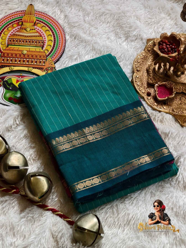 GANGA JAMUNA BORDER KANCHI COTTON SAREE - TEAL GREEN WITH MAGENTA AND PEACOCK GREEN