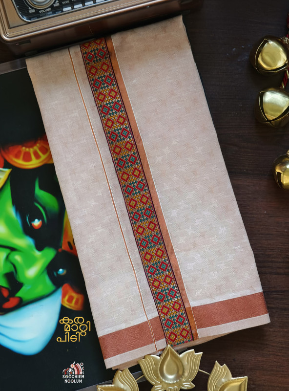 Tissue Copper Jacquard Kasavu Colour Full Embroidery Designer Premium Single Dhoti[SINGLE00058]