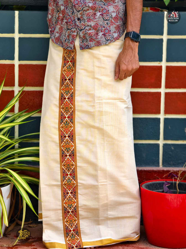 Tissue Golden Kasavu Colour Full Embroidery Designer Premium Single Dhoti[SINGLE00064]