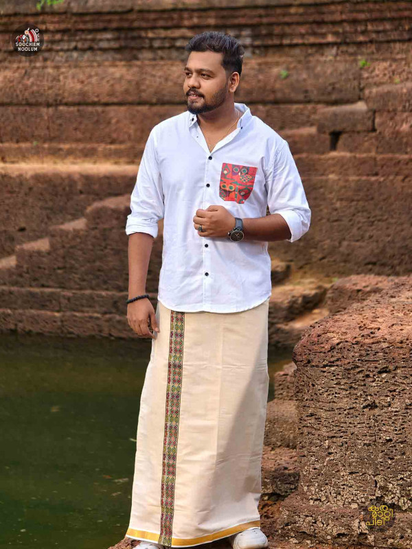 White Designer Pocket patch Shirt- Single Silver Kasavu Dhoti Combo[COMBO000133]