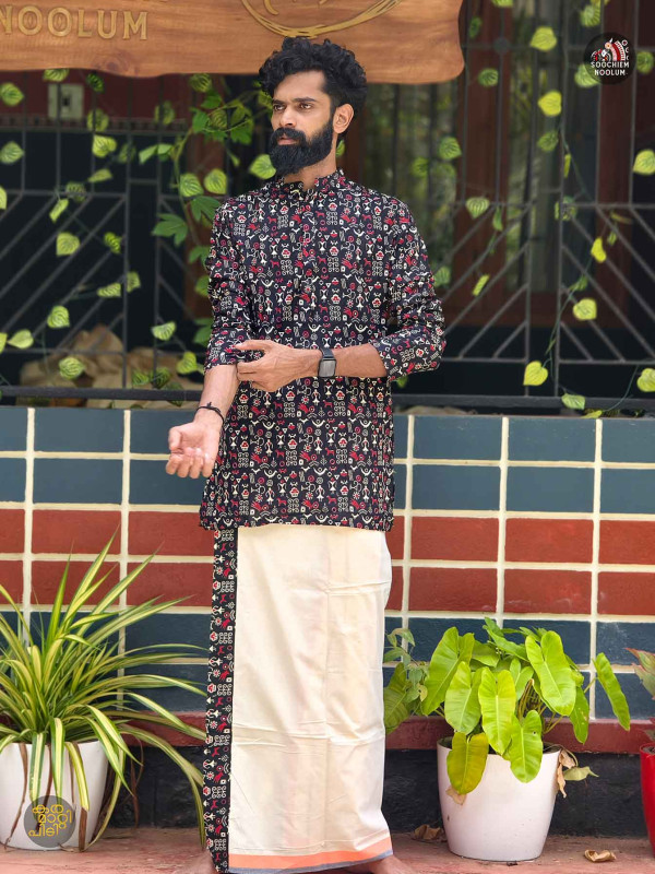 Black Premium Designer Kurta + Off-White Premium Single Dhothi[KURTACOMBO00036]