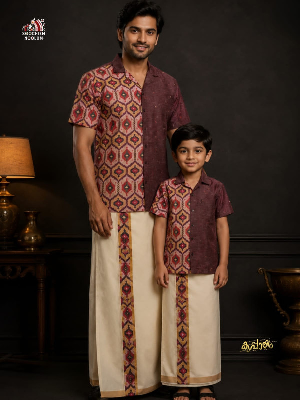 DAD & SON NIRAKKOOTT -  IKAT HALF SLEEVE SHIRT +GOLDEN KASAVU COTTON DOUBLE DHOTI COMBO