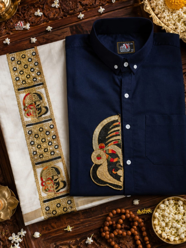 NAVY BLUE KATHAKALI EMBROIDERY HALF PATCH SHIRT -  DOUBLE GOLDEN COTTON KASAVU DHOTI COMBO