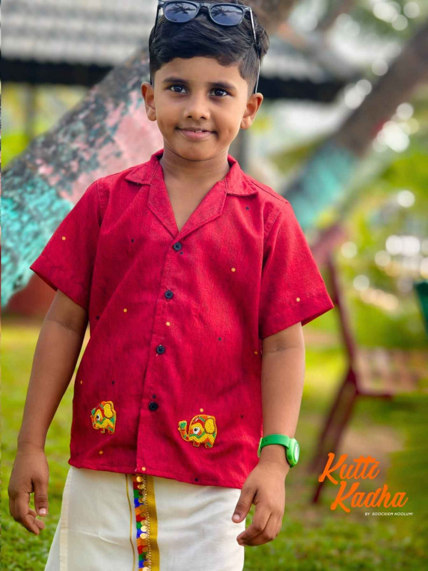 Red Shirt With Beaded Elephant Patch For Kids [KSHIRT00029]