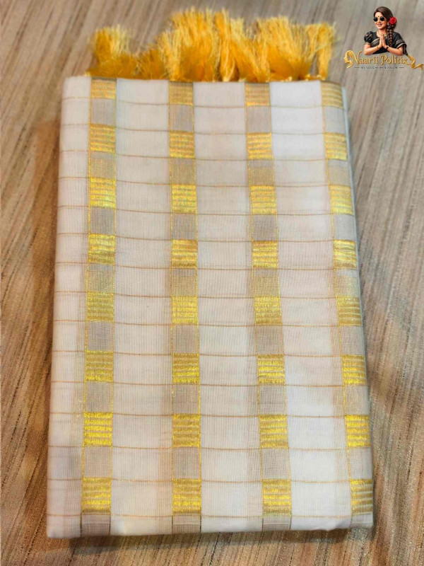 Boarder Less Cotton Saree Buttas and Checks - Gold [SAREE0000105]