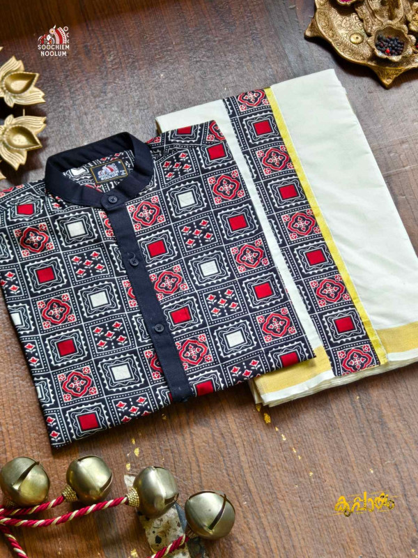 Designer Premium Shirt+ Double kasavu Dhoti Combo[COMBO000288]