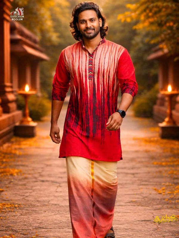 Vishu Special Premium Designer Kurta+ Ombre shade Designer Tissue Kasavu Dhoti Combo - Red [KURTACOMBO00054]