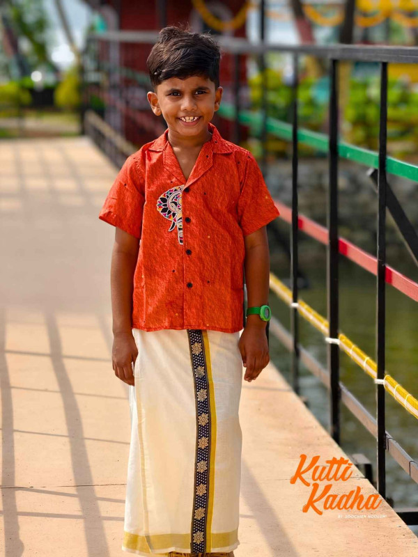 Elephant Embroidery Half Patch Orange Shirt + Dhoti Combo For Kids[KCOMBO00025]