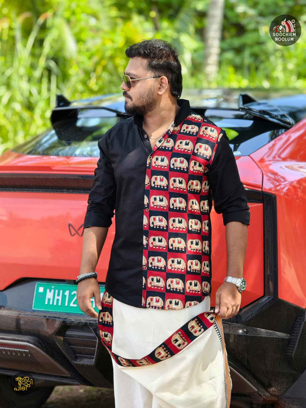 Black Designer Elephant Half Patch Shirt+ Single Cotton Dhotie Combo[COMBO00094]