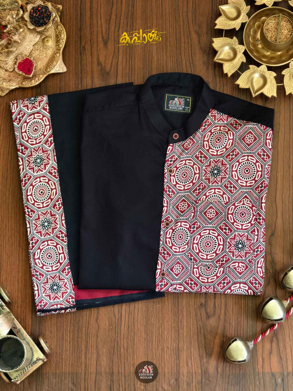 Black Premium Designer Half Patch Shirt+ Single Cotton Dhotie Combo[COMBO00035]