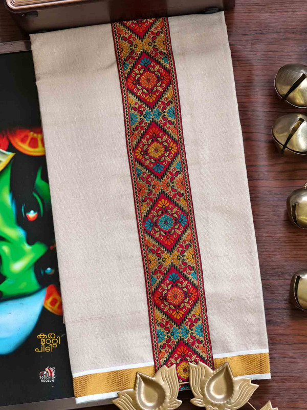 Tissue Golden Kasavu Colour Full Embroidery Designer Premium Single Dhoti[SINGLE00098]