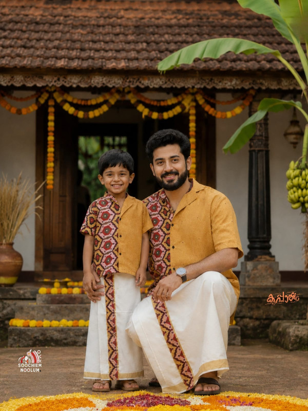 DAD & SON NIRAKKOOTT -  IKAT HALF SLEEVE SHIRT +GOLDEN KASAVU COTTON DOUBLE DHOTI COMBO