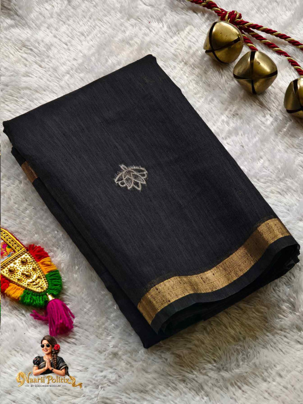 Jute Silk Saree With Gold And Silver Floral Weaves - Black [SAREE000064]
