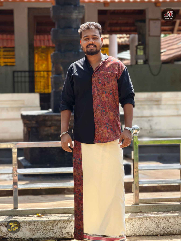 Black Premium Designer Half Patch Shirt+ Single Cotton Dhotie Combo[COMBO00096]