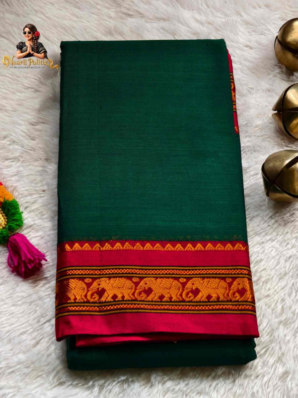 ELEPHANT BORDER NARAYANPET PURE COTTON SAREE - GREEN