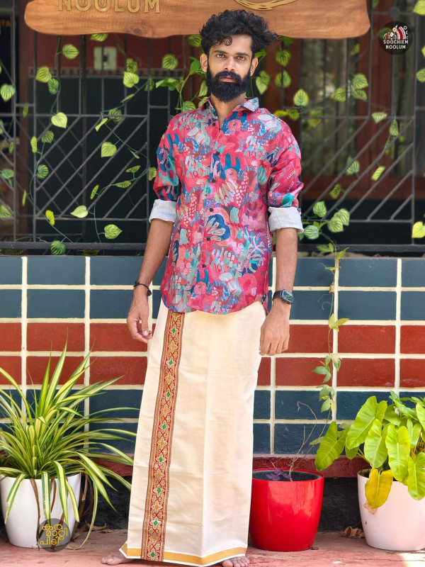 Designer Shirts+ Single kasavu Dhotie Combo[COMBO000181]