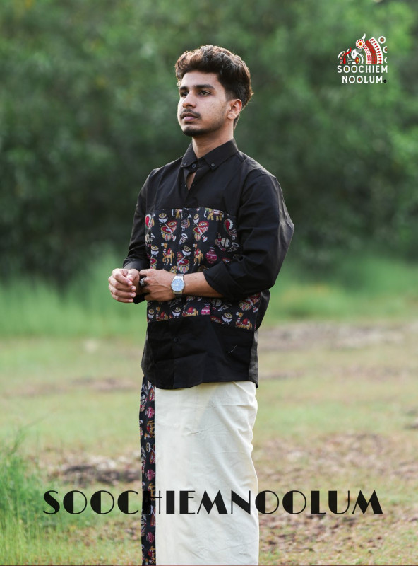 Black Premium Designer Center Patch Shirt + Single Cotton Dhothi [COMBO000208]