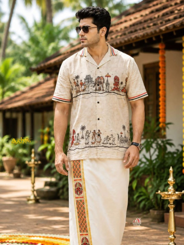 KAIRALI-ONAM SPECIAL PREMIUM DESIGNER SHIRT IVORY -  GOLDEN COTTON KASAVU DOUBLE DHOTI COMBO