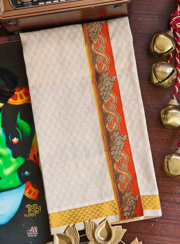 Tissue Golden Jacquard Kasavu Colour Full Embroidery Designer Premium Single Dhoti[SINGLE00082]