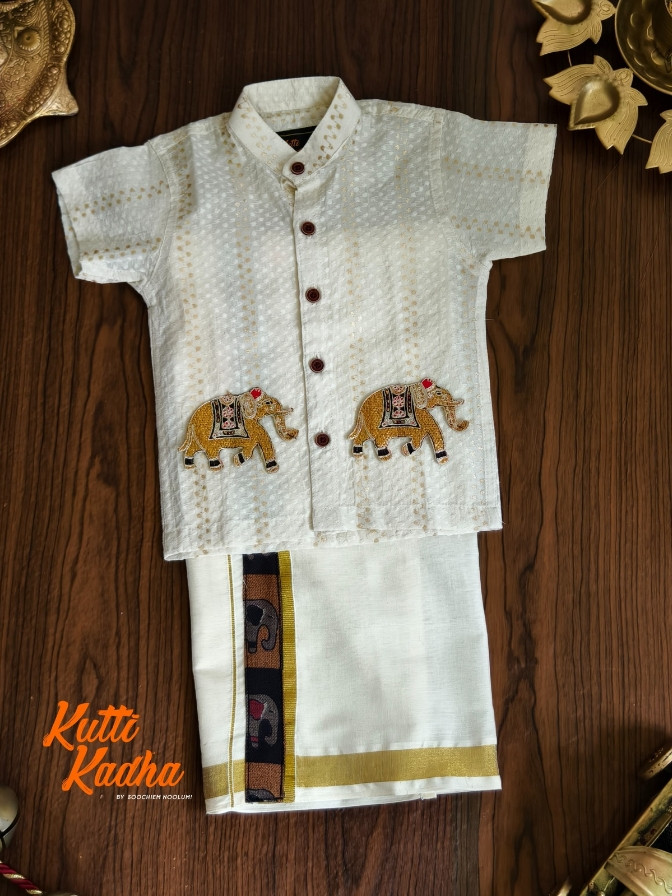 Elephant Embroidery Patch Off White Shirt + Double Dhoti Combo For Kids[KCOMBO00011]