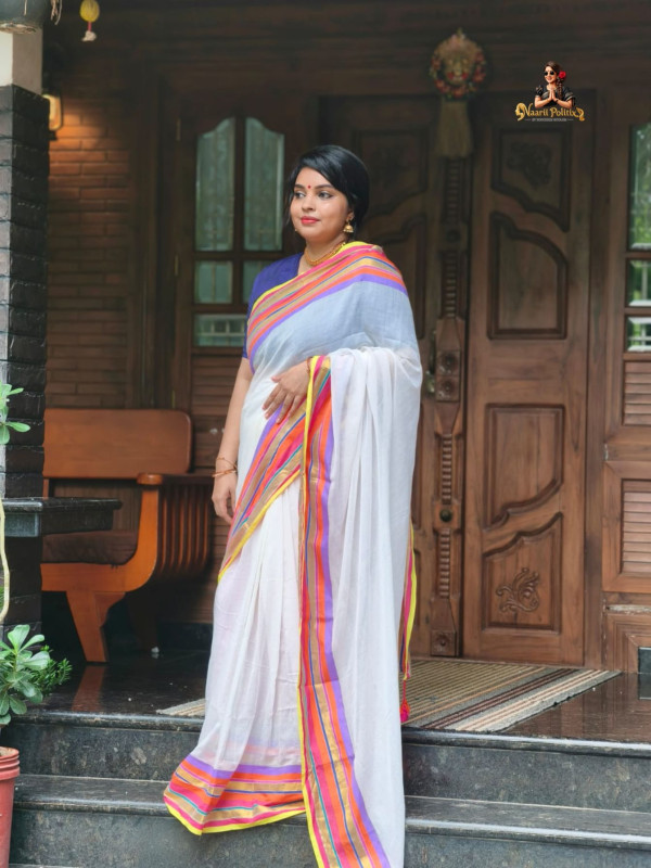 MUL COTTON SAREE  - OFF WHITE WITH VIBRANT MULTICOLOR STRIPED BORDER