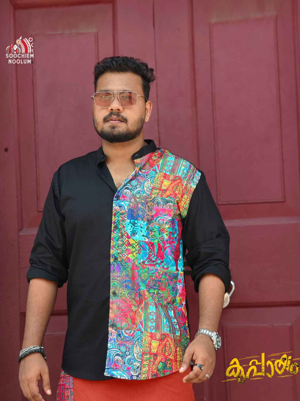 Black Premium Designer Half Patch Shirt+ Single Cotton Dhotie Combo[COMBO00042]