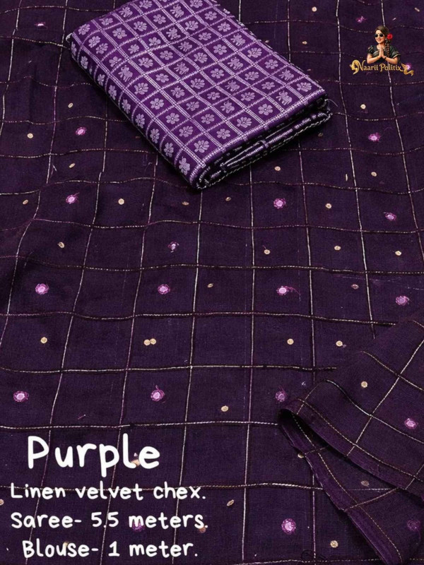SOFT LINEN SAREE WITH WEAVING CHEX OF VELVET THREAD - DEEP PURPLE