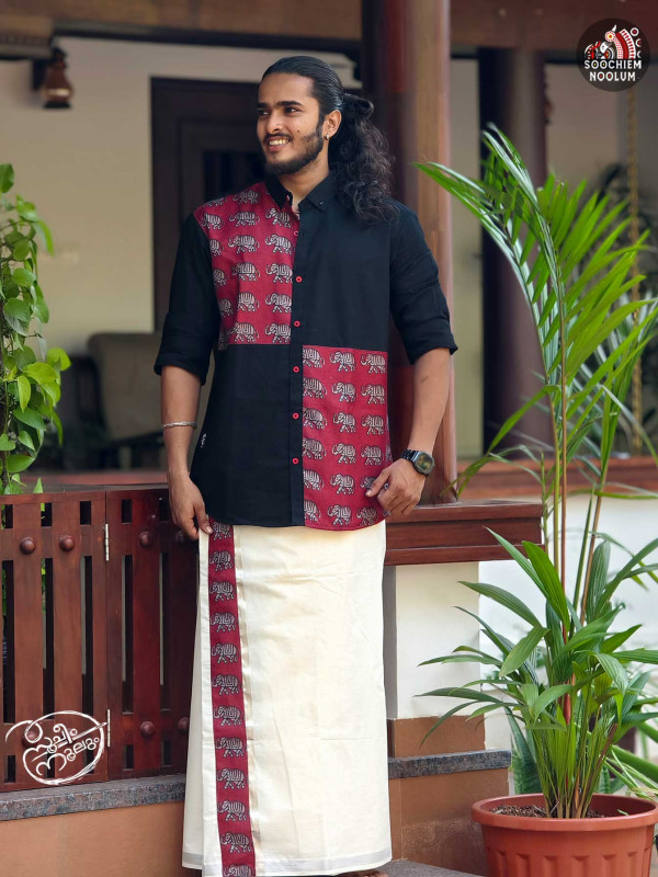 Black Premium Designer Elephant Patch Shirt + Double Kasavu Combo[COMBO000170]