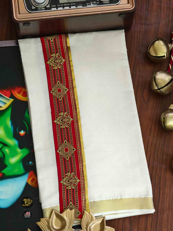 Golden Kasavu Colour Full Embroidery Designer Premium Double Dhoti[DOUBLE00019]