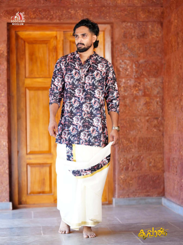 Black Premium Designer Velvet Kurta + Off-White Premium Double Dhoti Combo [Clearance Sale][KURTACOMBO0007]