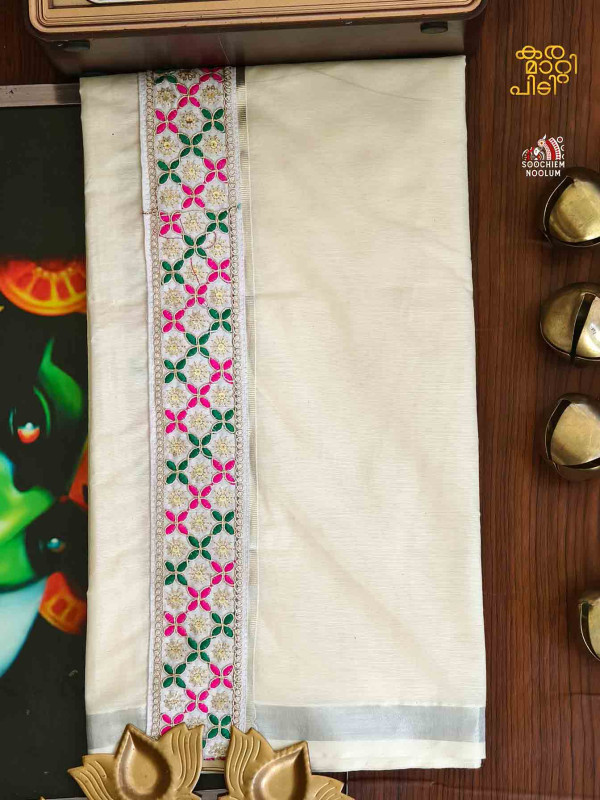 Silver Kasavu Colour Full Embroidery Designer Premium Double Dhoti[DOUBLE00026]