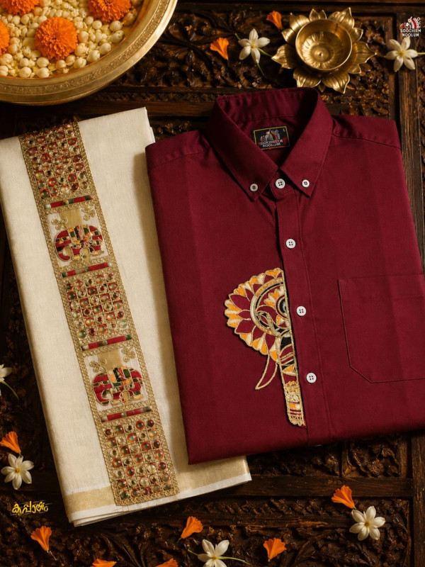 MAROON ELEPHANT EMBROIDERY HALF PATCH SHIRT -  DOUBLE GOLDEN TISSUE KASAVU DHOTI COMBO
