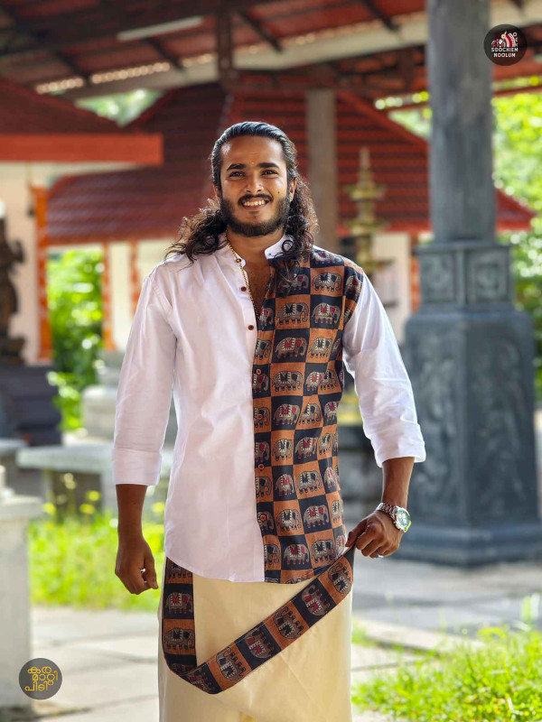 White Designer Elephant Half Patch Shirt+ Single Cotton Dhotie Combo[COMBO00082]