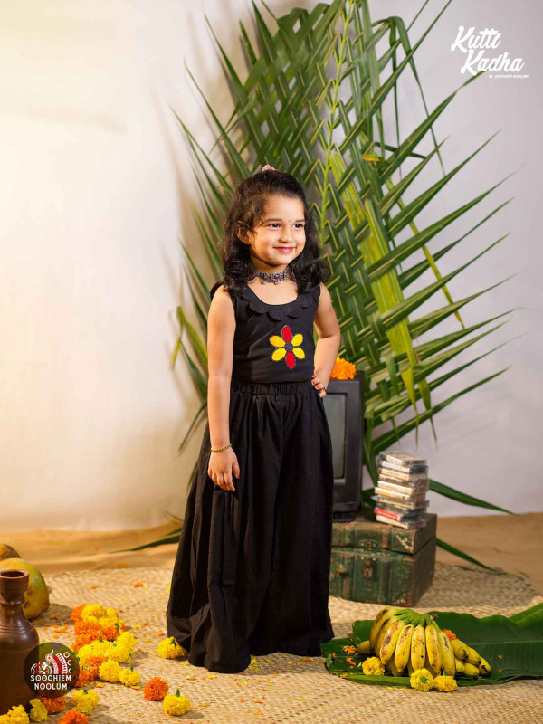 POOKKALAM-Crop Top and Palazzo with Floral Patch Black Color[SKIRTOP0001]
