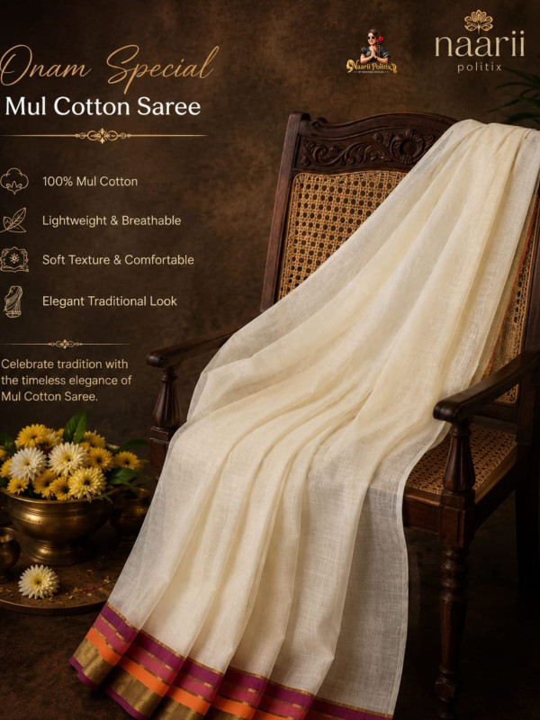 MUL COTTON SAREE - OFF WHITE WITH GOLD ZARI ORANGE & MAGENTA BORDER