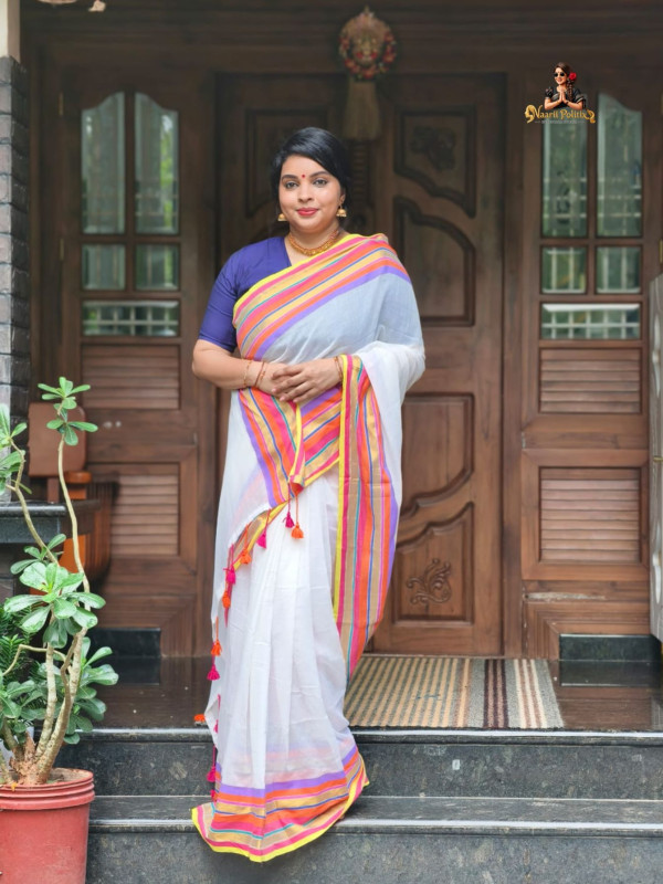 MUL COTTON SAREE  - OFF WHITE WITH VIBRANT MULTICOLOR STRIPED BORDER