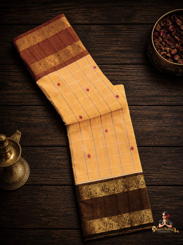 GANGA JAMUNA BORDER KANCHI COTTON SAREE - PASTEL PEACH WITH DEEP BROWN AND ANTIQUE GOLD