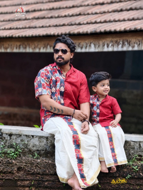 DAD & SON NIRAKKOOTT -  IKAT HALF SLEEVE SHIRT +GOLDEN KASAVU COTTON DOUBLE DHOTI COMBO