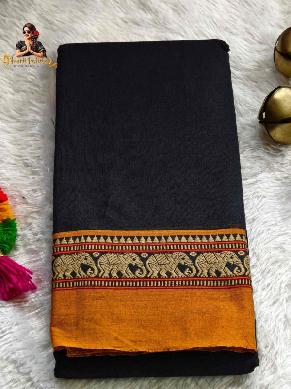 Elephant Border Narayanpet Pure Cotton Saree - Black [SAREE000022]